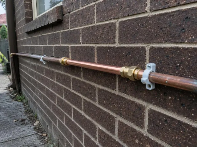 Copper water pipe repaired along a brick exterior wall with new fittings in Rooty Hill