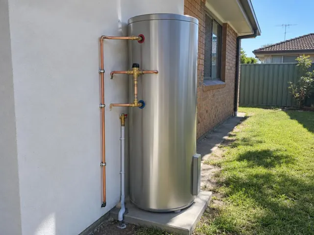 Stainless hot water cylinder with copper pipework beside a brick house wall and lawn in Mount Druitt